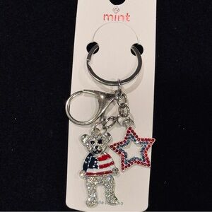 BAG CHARM Mint Sparkling American Flag Teddy Bear Keychain – Silver Tone